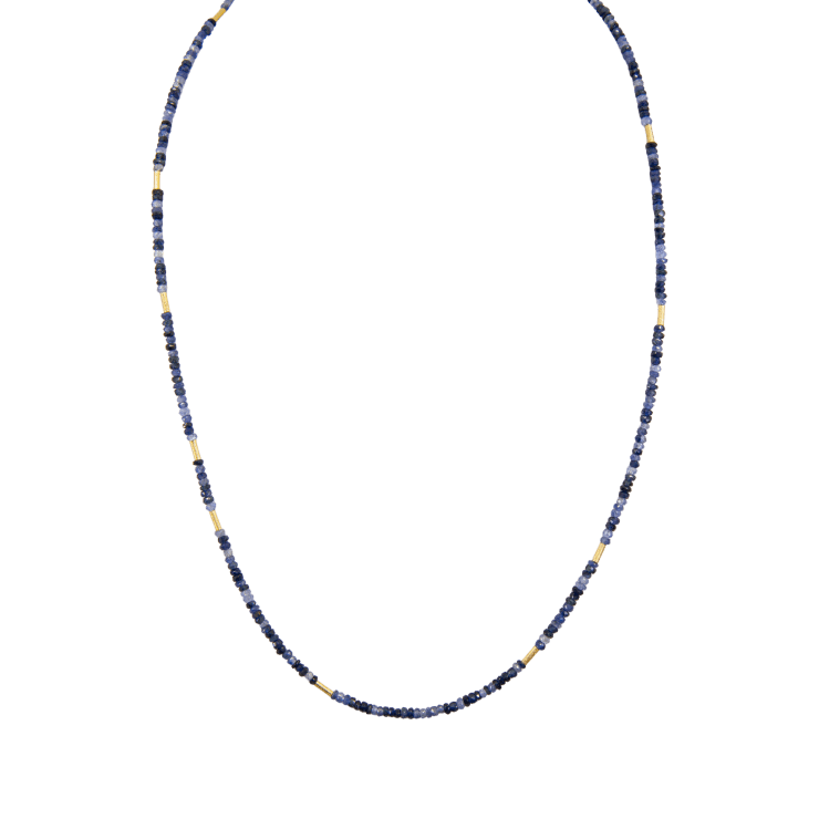 Sapphire bead necklace with 18k yellow gold tubing by Fringe Gallery studio jeweler Petra Class
