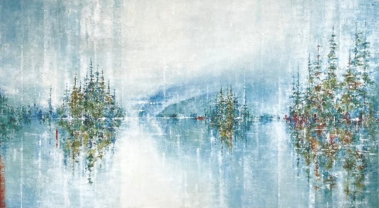 horizontal landscape acrylic painting on canvas with water and bunches of trees by Canadian artist Gina Sarro