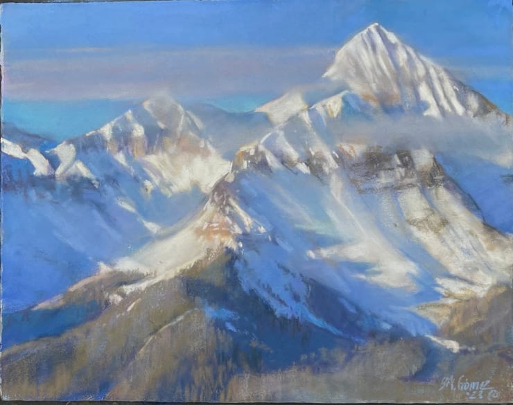 "Mt. Wilson" a pastel piece of a mountain range by fringe gallery artist Bruce Gomez