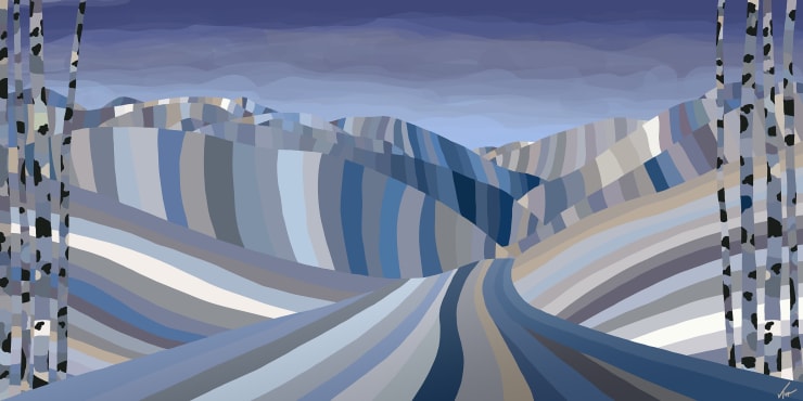 digital painting of a snowy path lined with aspen trees