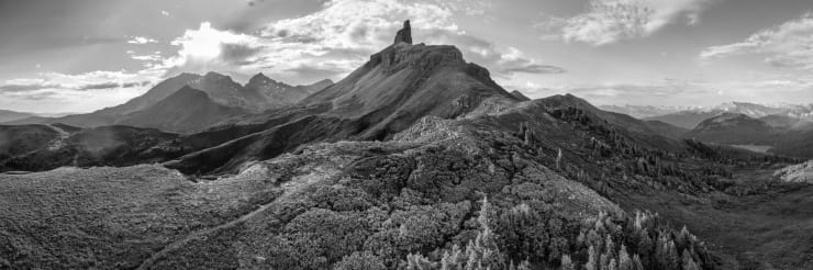black and white panoramic photograph of lizard head mountains near Telluride, Colorado