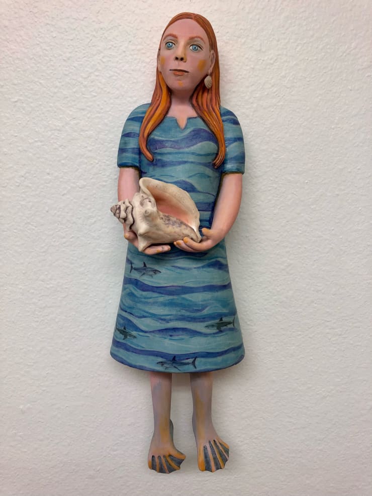 Julie McNair Deep Blue Sea, 2023 Clay with oils, acrylic ink transfer, and a shell earring 18 1/2 x 6 x 5 in 47 x 15.2 x 12.7 cm