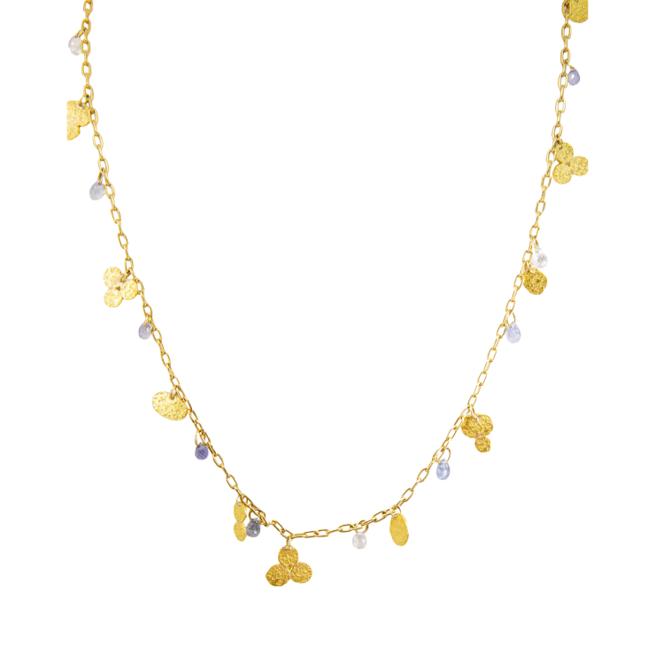 18k yellow gold link chain with blue and clear diamond briolettes and 22k yellow gold discs by Fringe Gallery studio jeweler Petra Class
