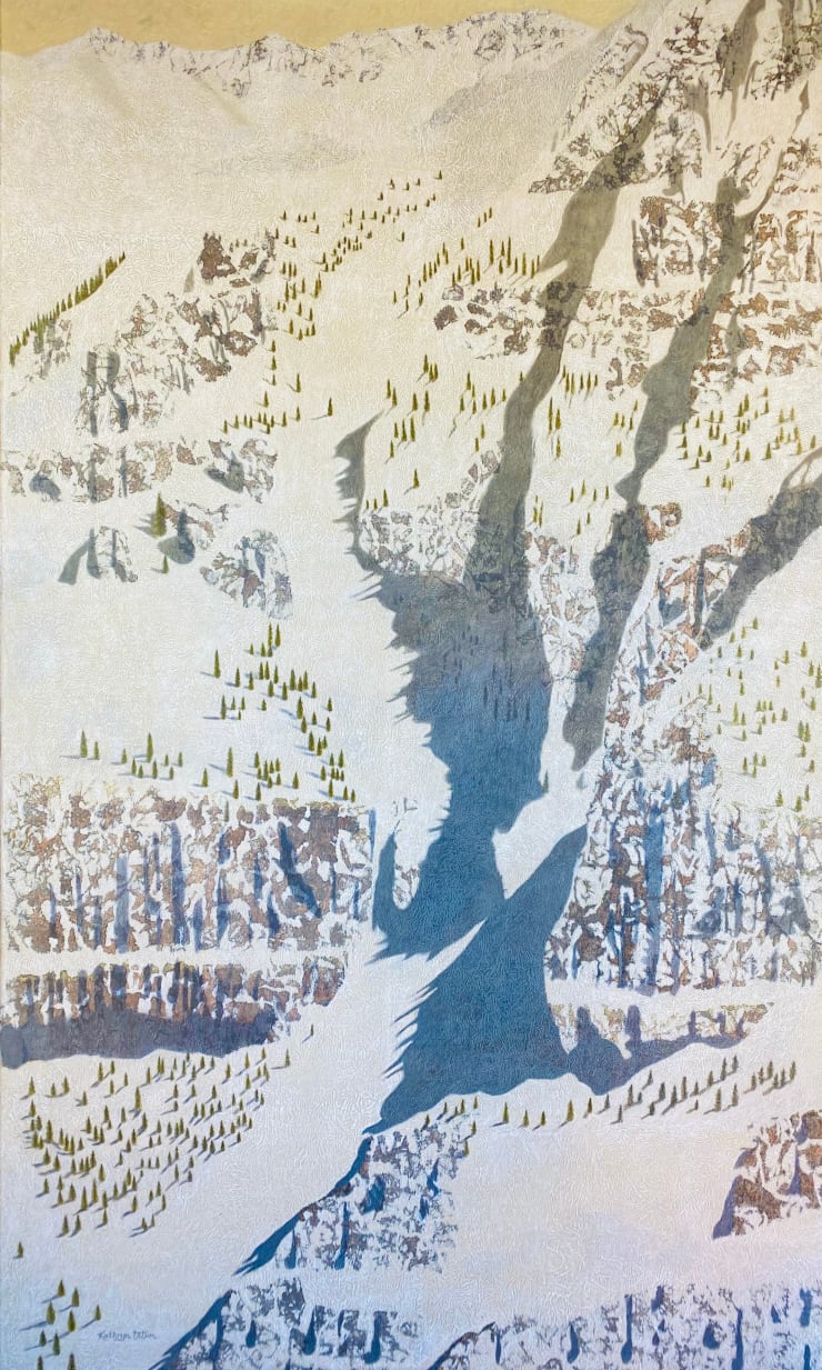 mixed media painting on canvas of snowy mountain chute by artist Kathryn Tatum