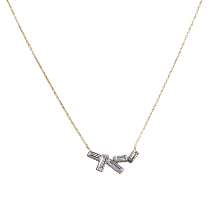 Baguette diamond pendant necklace with 5 diamonds on 14k white gold on a 18kt yellow gold chain by Fringe Gallery studio jeweler Todd Pownell