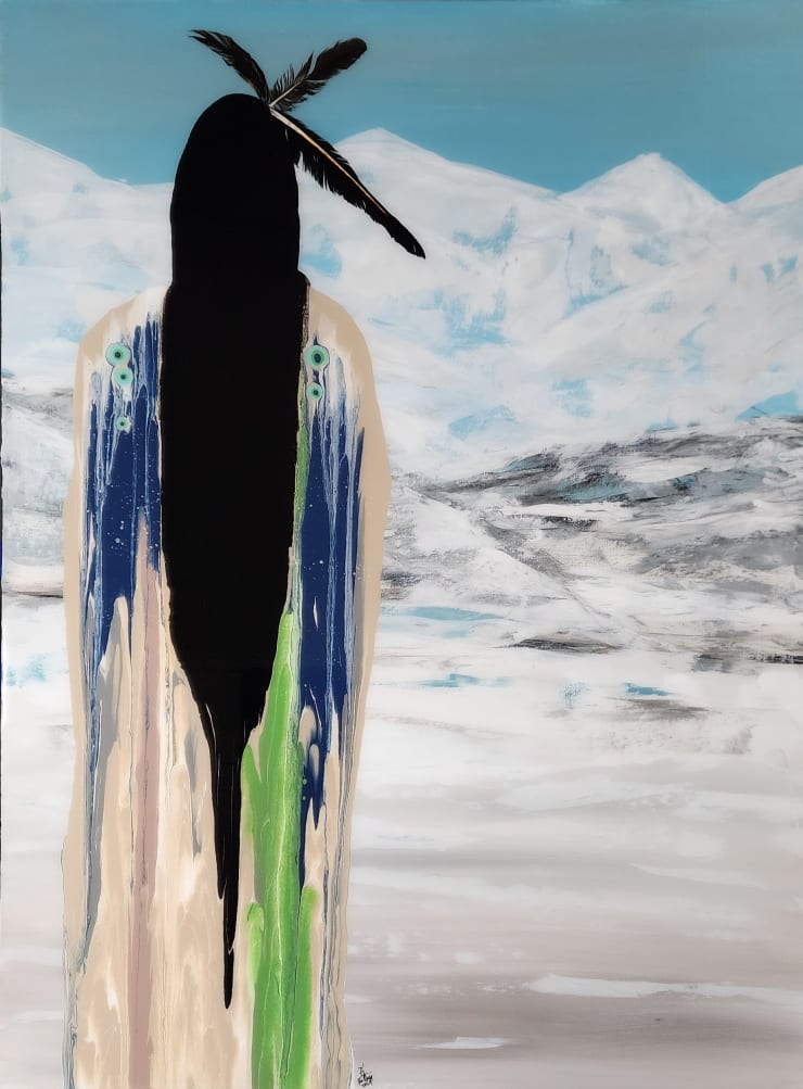 Acrylic painting of one figure of ambiguous nattive origin against a mountain range and blue sky background by artist Fran J Nagy