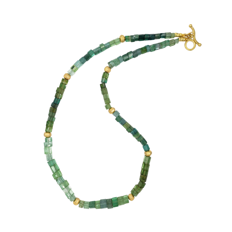 Green tourmaline and 18k yellow gold necklace by Fringe Gallery studio jeweler Barbara Heinrich