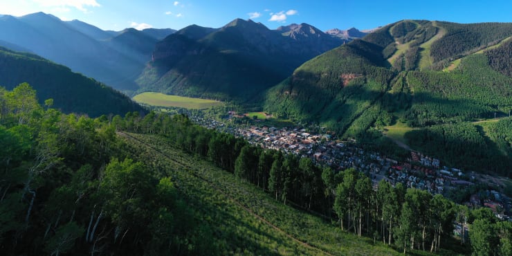 Color aerial photo of the Jud Wiebe trail in Telluride Colorado by Slate Gray Gallery Artist Brett Schreckengost