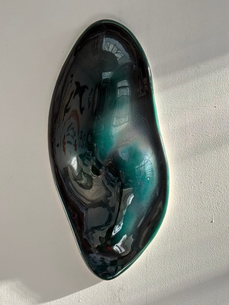 Glazed ceramic blue green sculpture by Fringe Gallery artist Angela Okajima-Kempinas