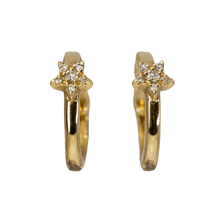 14k yellow gold hoop earrings with pavé stars by Fringe Gallery studio jeweler Loree Rodkin