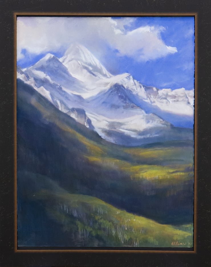 Pastel on watercolor paper painting of Mount Wilson and Wilson Peak by Fringe Gallery artist Bruce A Gomez