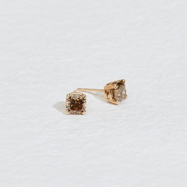 14k yellow gold, cushion cut champagne diamond studs by Fringe Gallery studio jeweler Jane Pope
