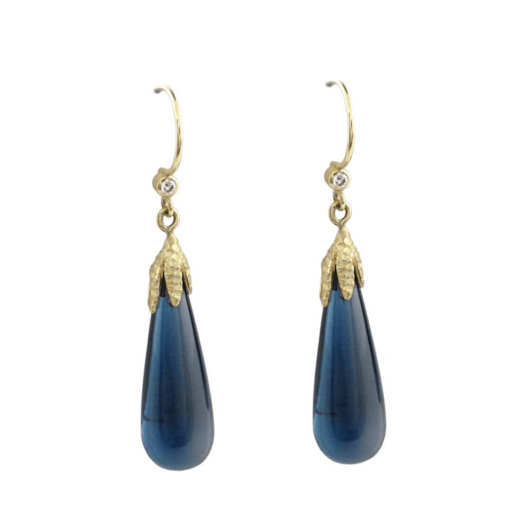 Blue topaz and 18k yellow gold drop earrings by Fringe Gallery studio jeweler Barbara Heinrich