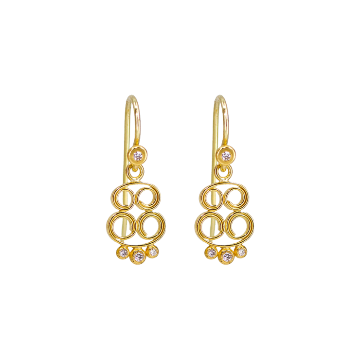 Yellow gold scroll earrings with four diamonds by Fringe Gallery studio jeweler Nanci Modica