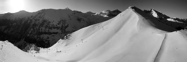 black and white panoramic photograph of Revelation Bowl on the Telluride Ski Resort