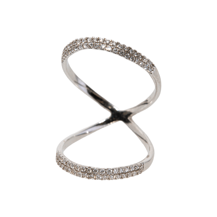 18k white gold X ring with diamonds by Fringe Gallery jeweler Loree Rodkin