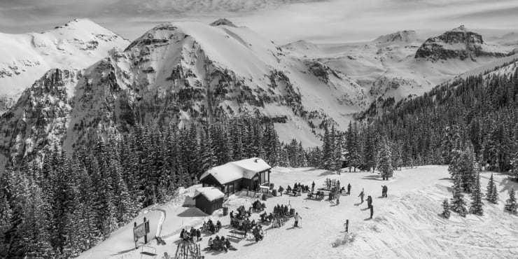 Giuseppe's, a black and white photograph from above telluride ski resort taken by slate gray gallery artist Brett Schreckengost