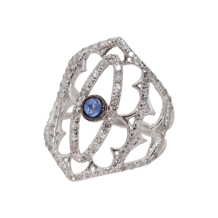 18k white gold lacy ring with gray diamonds and a cabochon sapphire by Fringe Gallery jeweler Loree Rodkin