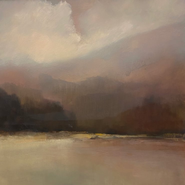 "Silver Lake" an abstract landscape oil painting by Slate Gray Gallery Artist Sylvia Benitez