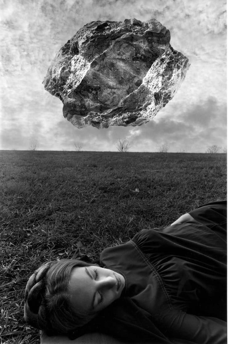 Silver gelatin print of slate gray gallery artist Jerry Uelsmann's Magritte's Touchstone