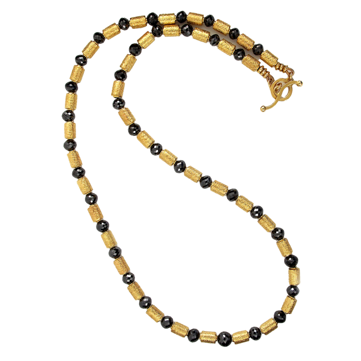 Black Diamond and Yellow Gold Barrel Bead Space Necklace by Slate Gray Gallery studio jeweler Barbara Heinrich