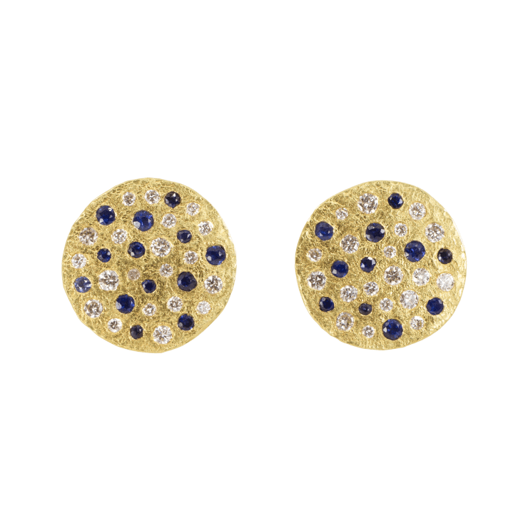 18k yellow gold disc earrings with blue sapphires and SI white diamonds with Fringe Gallery studio jeweler Petra Class