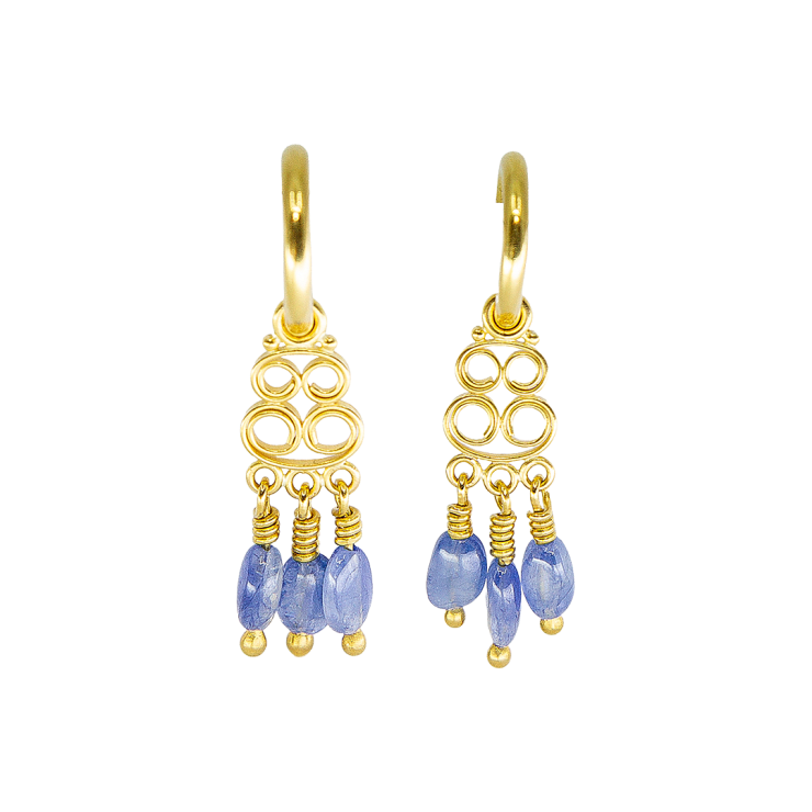 22k and 20k yellow gold scroll earrings with blue sapphire drops by Fringe Gallery studio jeweler Nanci Modica