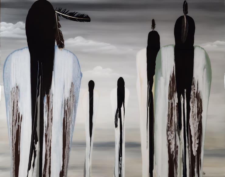 An abstract view of Native Americans walking off in the distance made with acrylic, resin, and feathers on canvas by Fringe Gallery artist Fran J Nagy