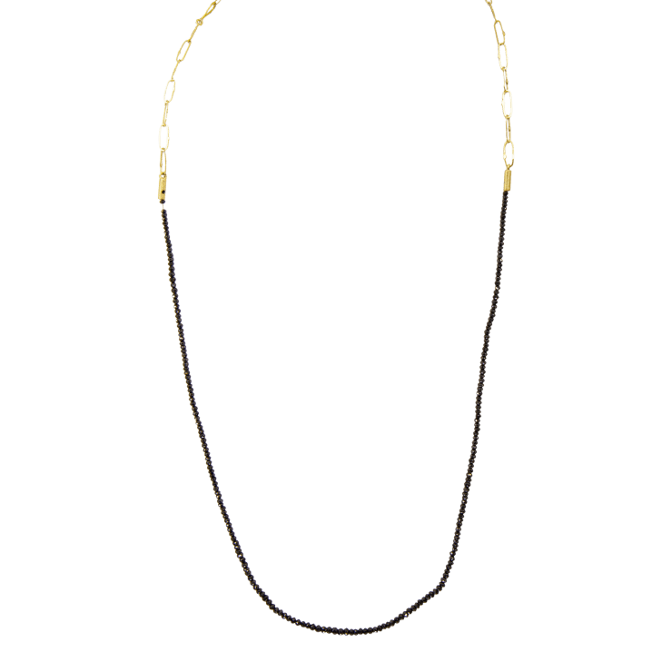 Black diamond bead and 18k yellow gold paperclip chain by Fringe Gallery studio jeweler Petra Class