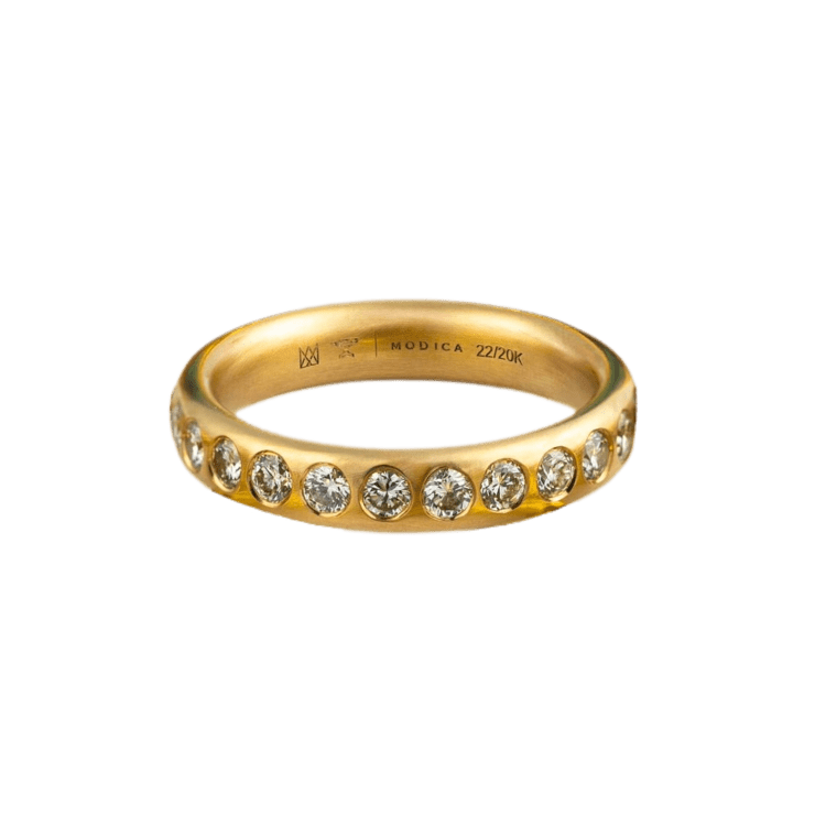 20k yellow gold ring band with 23 diamonds by Fringe Gallery studio jeweler Nanci Modica