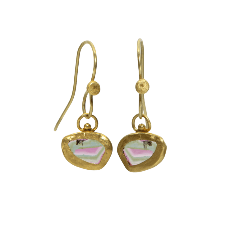 Watermelon Tourmaline Slices & Window Frame Earrings by Fringe Gallery studio jeweler Marki Knopp