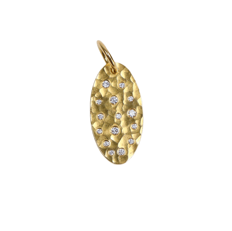 Yellow gold oval pendant with diamonds by Fringe Gallery studio jeweler Nanci Modica