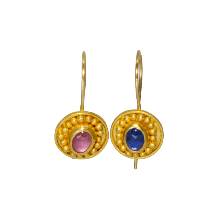 Pink & Blue Sapphire Stones Earrings by Fringe Gallery studio jeweler Marki Knopp