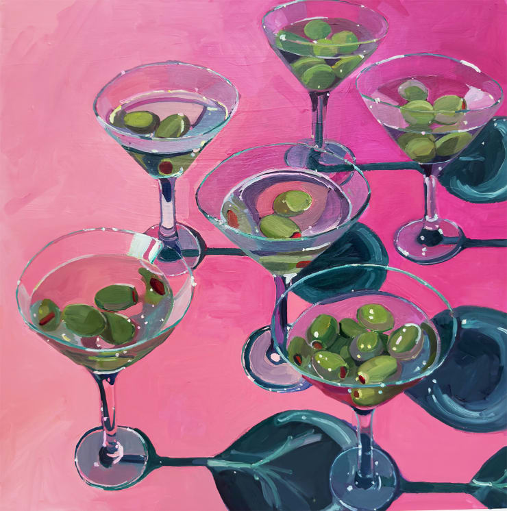 Erika Lee Sears oil painting of martinis with olives on a hot pink surface