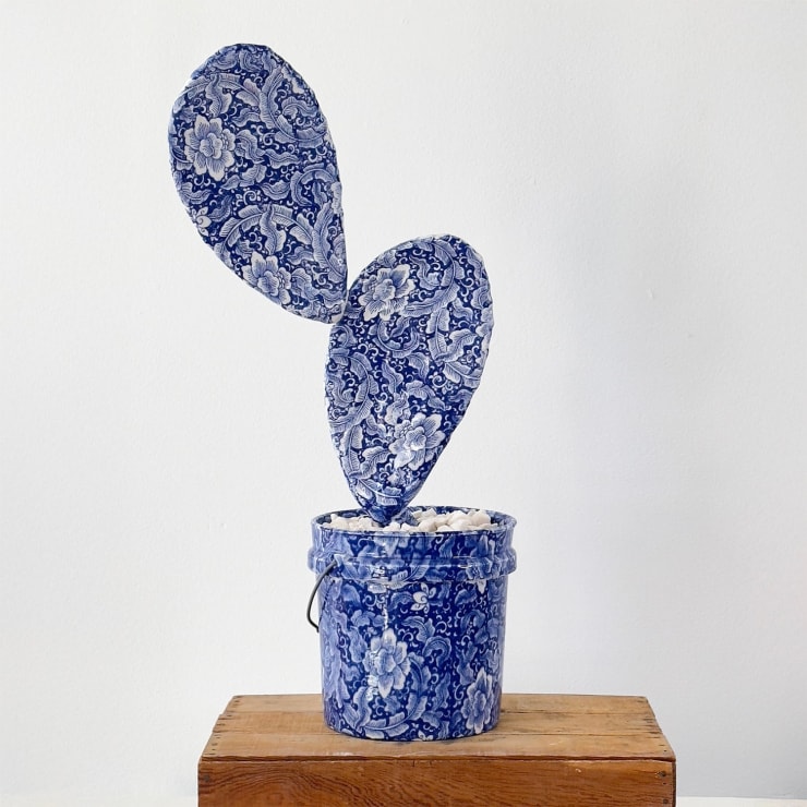 Brock DeBoer sculpture of porcelain cactus clipping in bucket with baroque porcei