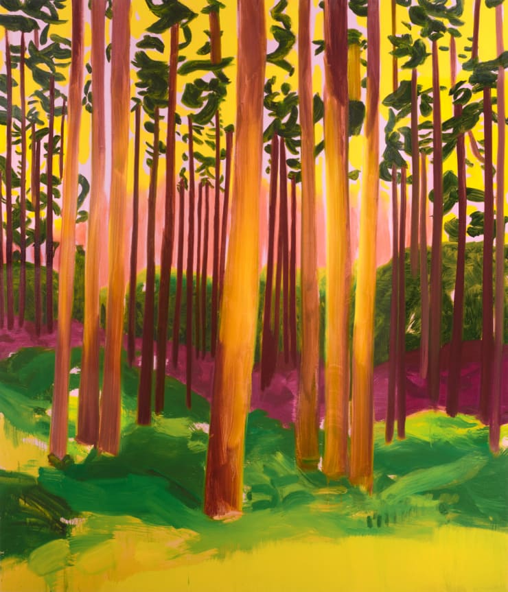 Painting of a forest of tree trunks amongst an orange and pink tinted sky. The grass in the foreground is colored yellow and green with purple shadows.