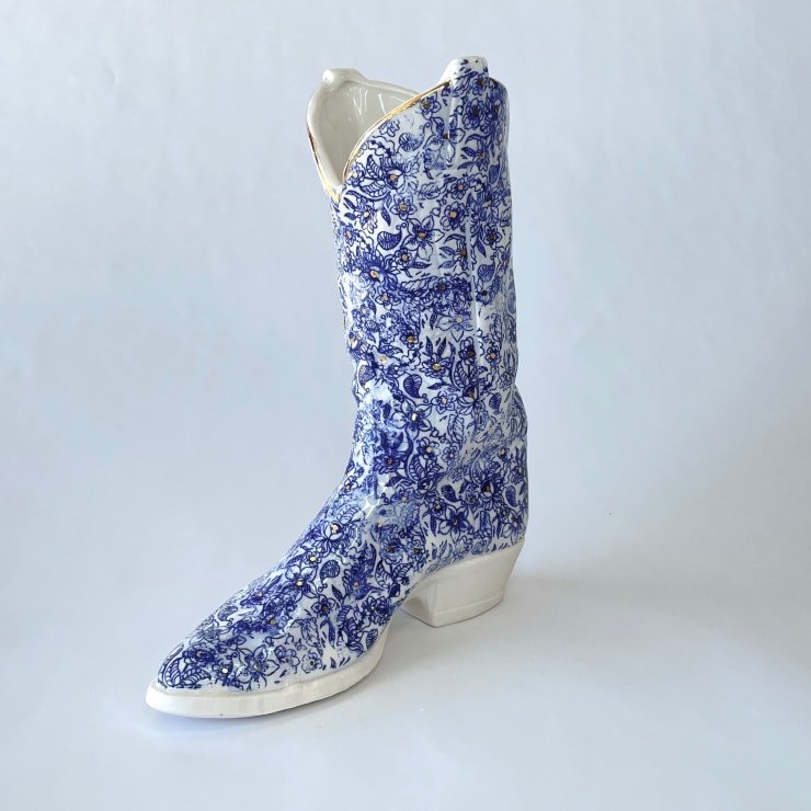 Brock DeBoer Full Floral Cowboy Boot w. Gold , 2024 Porcelain, cobalt oxide, glaze, gold luster