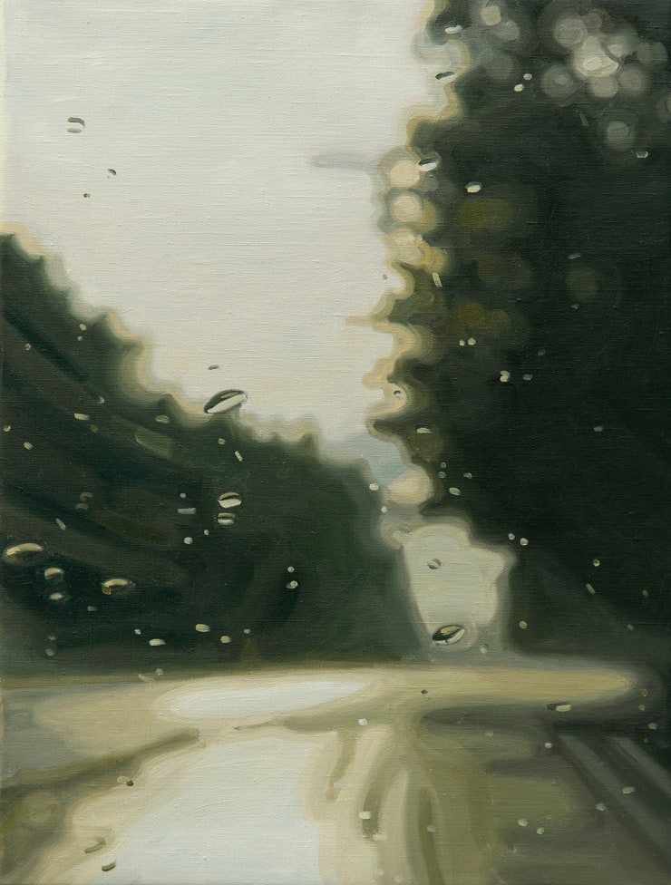 Gregory Thielker windshield painting of sunlit road after a rain storm