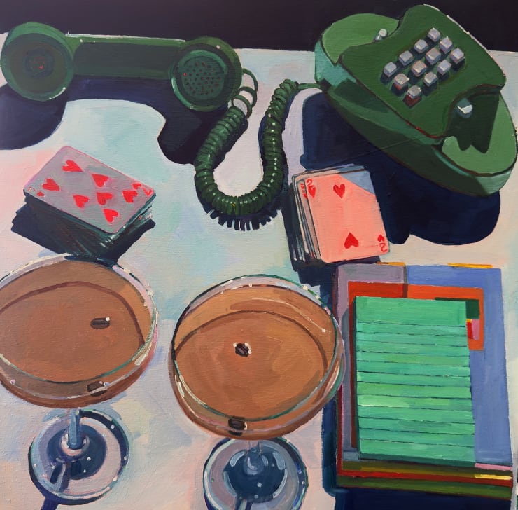 Erika Lee Sears oil painting of a desk-scape with corded telephone, espresso martinis, and decks of cards on a table
