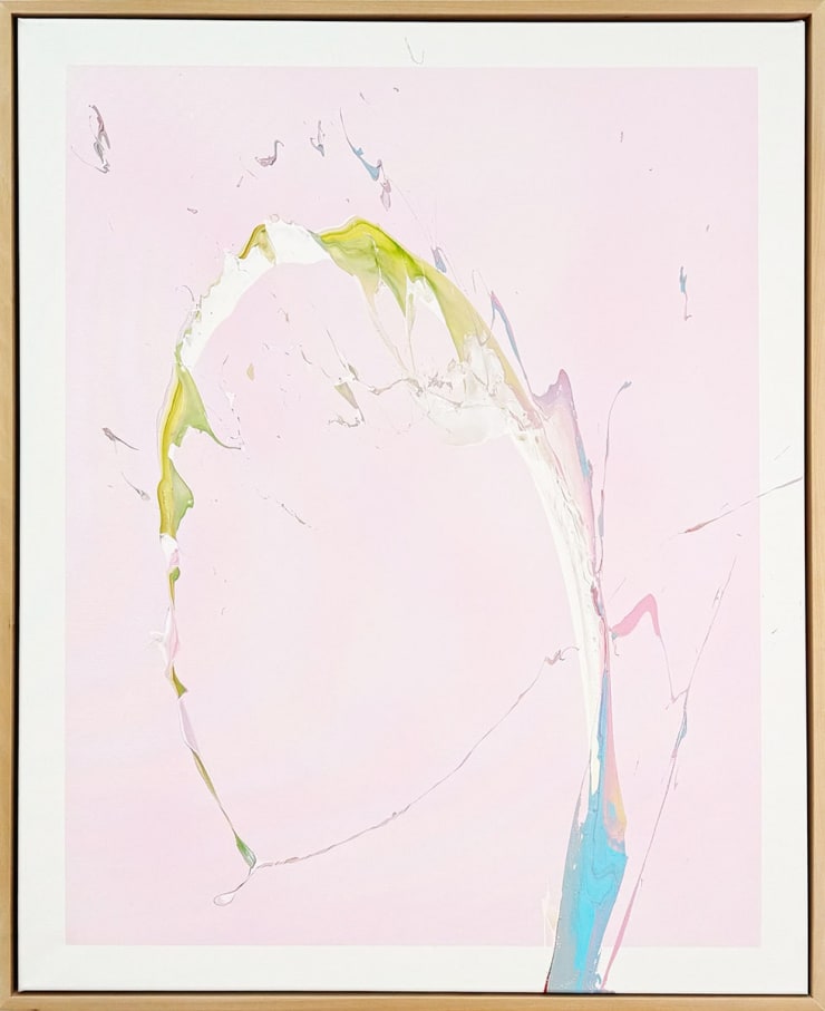 Abstract artwork by Cevin Parker with light pink pastel background with white blue and green fluid paint splatter