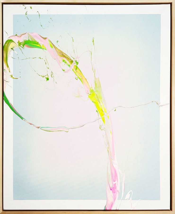 Abstract painting by Cevin Parker with light blue to white gradient background and light pink yellow and green fluid paint splatter on top