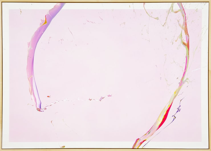 Abstract painting by Cevin Parker with light pink background and pink red and green fluid paint splatter on top
