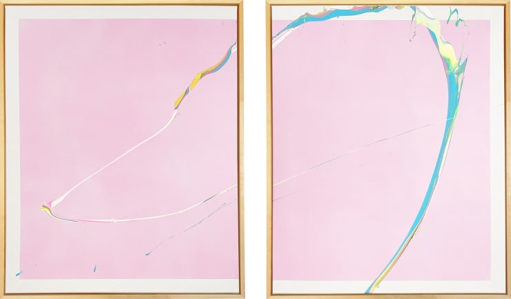 Diptych abstract painting by Cevin Parkerwith light pink background with blue green and white fluid paint splatter on top