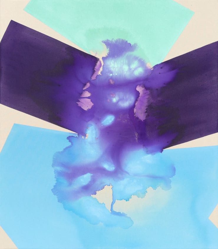 Andrew Faris abstract fluid color painting in light blue purple and mint