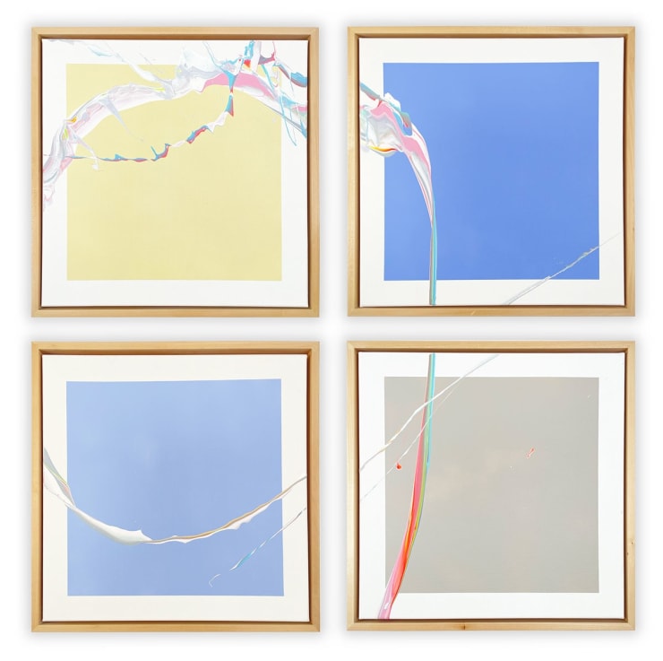 Grid of four abstract paintings by Cevin Parker. Two have blue backgrounds, one has yellow, the other is grey. There is a continuous fluid paint splatter connecting all four