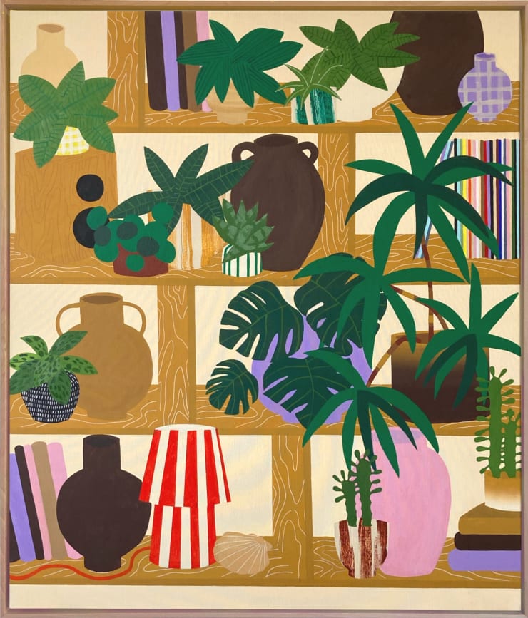 Painitng by HelloMarine featuring books and vases on shelves with a light yellow background. There are plants draping over the shelves