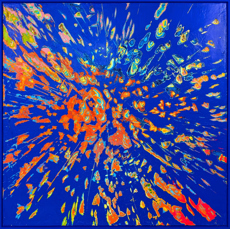 Jason Hallman excavated painting with blue background with blue background and orange excavated areas