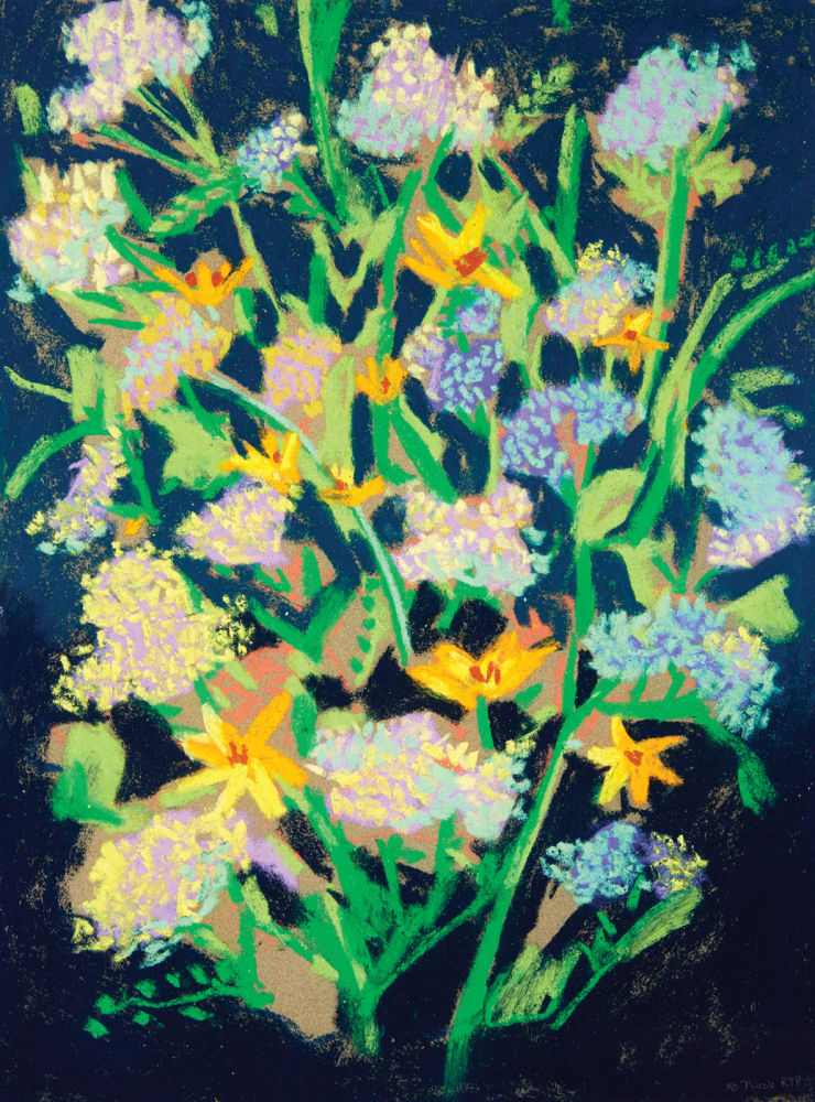 Painting of bouquet of Queen Anne's Lace with green stems and flowers ranging in color form yellow to blue. The flowers are set against a midnight blue backgound.