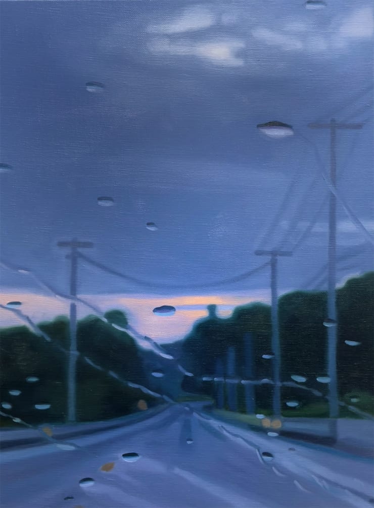 Gregory Thielker Windshield painting of lavender colored clouds over a road after a rainstorm