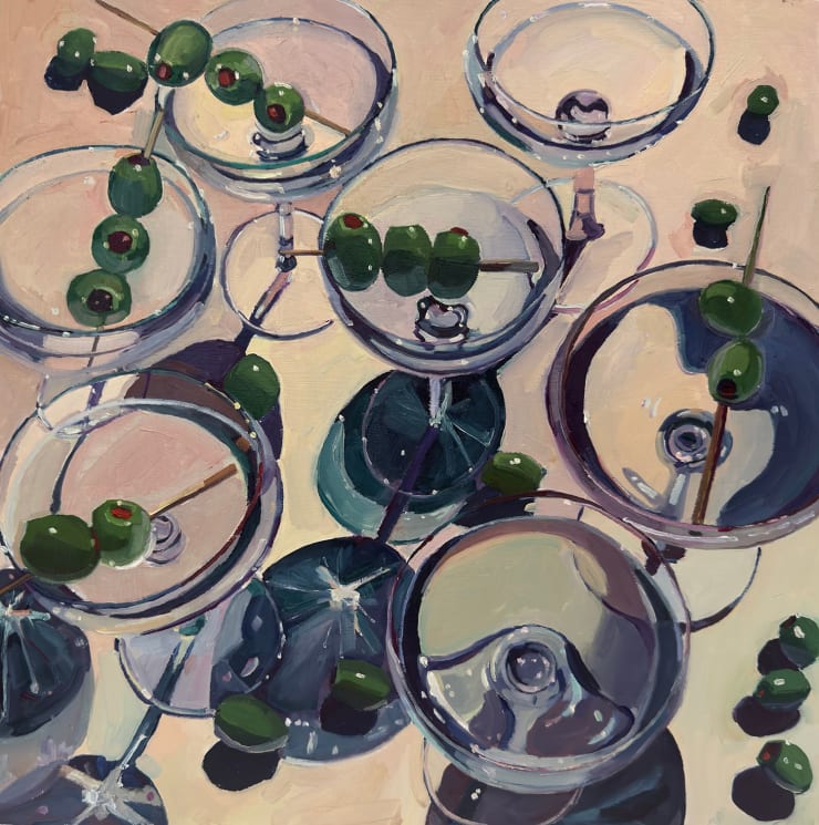 Erika Lee Sears oil painting of martini glasses with olives on a light yellow surface